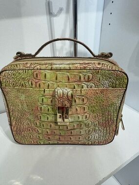 Brahmin evie atlas Green and Tan Croc-Embossed Crossbody Satchel
